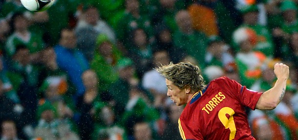 Spanish forward Fernando Torres heads the ball during the Euro 2012 championships football match Spain vs Republic of Ireland on June 14, 2012 at the Gdansk Arena. AFP PHOTO / PIERRE-PHILIPPE MARCOU (Photo credit should read PIERRE-PHILIPPE MARCOU/AFP/GettyImages)