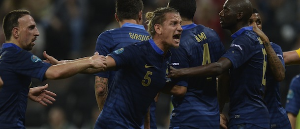 French defender Philippe Mexes (C) reacts during the Euro 2012 championships football match Ukraine vs France on June 15, 2012 at the Donbass Arena in Donetsk. AFP PHOTO/ FILIPPO MONTEFORTE (Photo credit should read FILIPPO MONTEFORTE/AFP/GettyImages)
