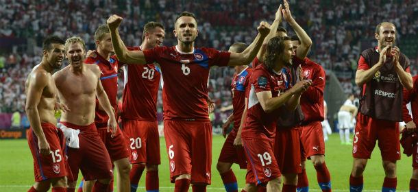 ch players celebrate after winning during the Euro 2012 championships football match between the Czech Republic and Poland on June 16, 2012 at the Municipal Stadium in Wroclaw. AFP PHOTO / ODD ANDERSEN (Photo credit should read ODD ANDERSEN/AFP/GettyImages)