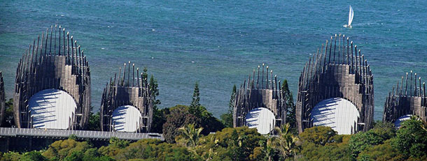 General view taken on July 19, 2010 shows the Cultural Center Tjibaou in Noumea, in New Caledonia, French Overseas territory. The Cultural Center aimed at promoting local art and built by Italian architect Renzo Piano, is named after Jean-Marie Tjibaou, who has been murdered in May 1989 by an activist from the indigenous Melanesian population, known as Kanaks. AFP PHOTO MARC LE CHELARD (Photo credit should read MARC LE CHELARD/AFP/Getty Images)
