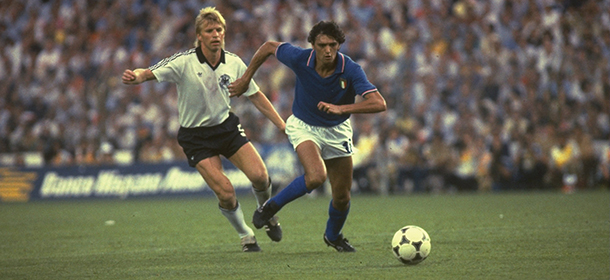11 Jul 1982: Alessandro Altobelli (right) of Italy beats Karl-Heinz Forster (left) of West Germany to the ball during the 1982 World Cup final at the Bernabeu Stadium in Madrid, Spain. Italy won the match 3-1. Mandatory Credit: Simon Bruty/Allsport