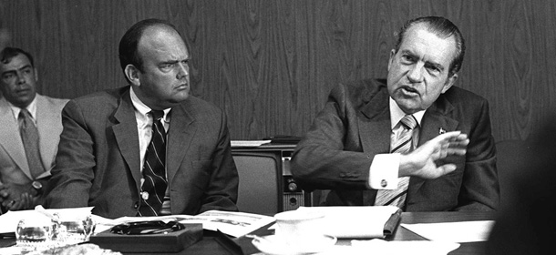 President Nixon, right, discusses improving conditions at a California state park as John D. Ehrlichman, Nixon's domestic affairs adviser, listens in this 1972 photo. Ehrlichman, who was imprisoned for 18 months for his part in the Watergate conspiracy, died Sunday of natural causes at the age of 73.(AP Photo/file)