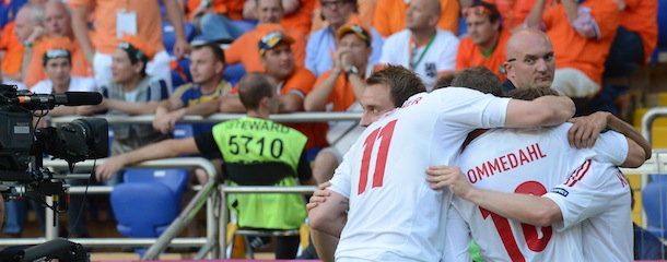 Denmark players celebrate after scoring a goal during the Euro 2012 football championships group match between the Netherlands and Denmark on June 9, 2012 at the Metalist Stadium in Kharkiv. AFP PHOTO / PATRICK HERTZOG (Photo credit should read PATRICK HERTZOG/AFP/GettyImages)