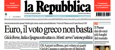 Le prime pagine di martedì 19 giugno 2012