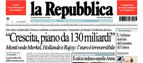Le prime pagine di sabato 23 giugno 2012