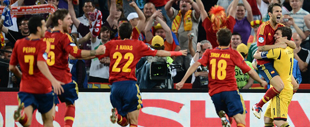 Spanish players celebrate at the end of the penalty shoot out of the Euro 2012 football championships semi-final match Portugal vs. Spain on June 27, 2012 at the Donbass Arena in Donetsk. Spanish won 4-2 (0-0 after extra-time). AFP PHOTO / FRANCK FIFE (Photo credit should read FRANCK FIFE/AFP/GettyImages)