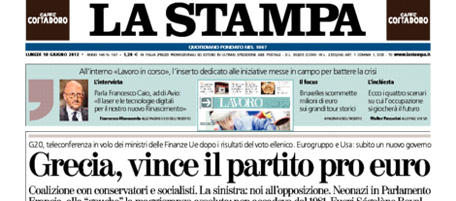 Le prime pagine di lunedì 18 giugno 2012