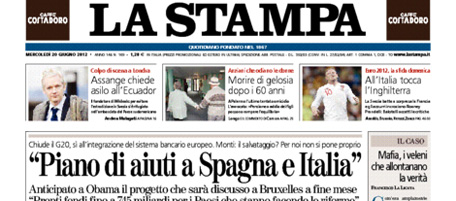 Le prime pagine di mercoledì 20 giugno 2012