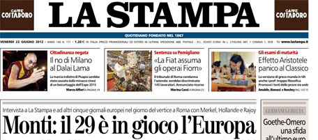 Le prime pagine di venerdì 22 giugno 2012