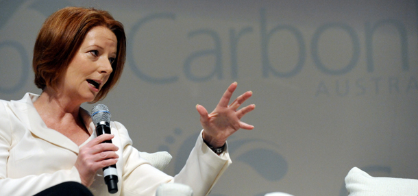 Australian Prime Minister Julia Gillard answers questions during the Carbon Expo Australasia in Melbourne on November 9, 2011. Gillard attended the expo a day after Australia passed its controversial pollution tax in a sweeping and historic reform aimed at lowering carbon emissions blamed for climate change. The scheme will levy a price of 23 Australian dollars (23.80 USD) per tonne on carbon pollution before moving to an emissions trading scheme in 2015. AFP PHOTO / WILLIAM WEST (Photo credit should read WILLIAM WEST/AFP/Getty Images)