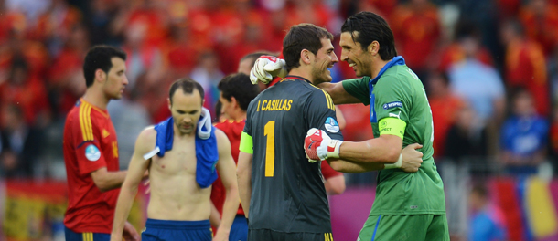GDANSK, POLAND - JUNE 10: Iker Casillas of Spain speaks to Gianluigi Buffon of Italy after the UEFA EURO 2012 group C match between Spain and Italy at The Municipal Stadium on June 10, 2012 in Gdansk, Poland. (Photo by Shaun Botterill/Getty Images)