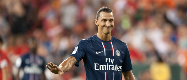 Paris Saint-Germain's new Swedish signing Zlatan Ibrahimovic gestures durng a friendly match against DC United in Washington on July 28, 2012. AFP PHOTO/Nicholas KAMM (Photo credit should read NICHOLAS KAMM/AFP/GettyImages)