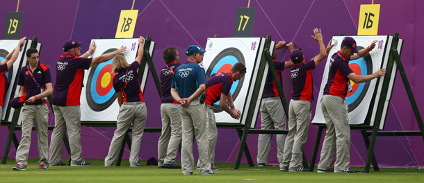 LONDON, ENGLAND - JULY 27: Officials prepare the targets during the Archery Ranking Round on Olympics Opening Day as part of the London 2012 Olympic Games at the Lord's Cricket Ground on July 27, 2012 in London, England. (Photo by Paul Gilham/Getty Images)