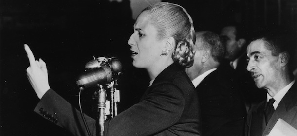 28th August 1951: Madame Eva (Maria) Duarte De Peron (1919 - 1952) makes her election address during demonstrations by the General Federation of Labour, to persuade President Peron to stand for re-election. (Photo by Keystone/Getty Images)