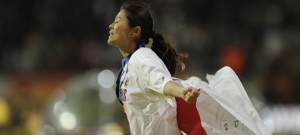 during the final match between Japan and the United States at the Womenâs Soccer World Cup in Frankfurt, Germany, Sunday, July 17, 2011. (AP Photo/Martin Meissner)