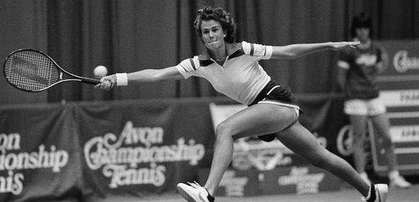 Pam Shriver of Lutherville, Md. reaches for a shot during her quarterfinal match against Anne Smith, Jan. 9, 1982 in the Avon Championships of Washington, D.C. Shriver was eliminated in the match, 6-3, 6-4. (AP Photo/Ron Edmonds)