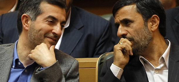 (FILES) -- A picture taken on April 14, 2009 shows Iranian President Mahmoud Ahmadinejad (R) sitting next to his aide Esfandiar Rahim Mashaie (L), currently his chief of staff, as they attend the Iranian expatriates summit in Tehran. Iran's audit court has banned the controversial aide to the Iranian president from public office for two months over a breach of administrative rules, newspapers reported on August 22, 2009. The economic daily Sarmayeh said the offence was committed when Mashaie was a vice president in charge of the Tourism and Cultural Heritage Organization during the first term of Ahmadinejad. AFP PHOTO/BEHROUZ MEHRI (Photo credit should read BEHROUZ MEHRI/AFP/Getty Images)