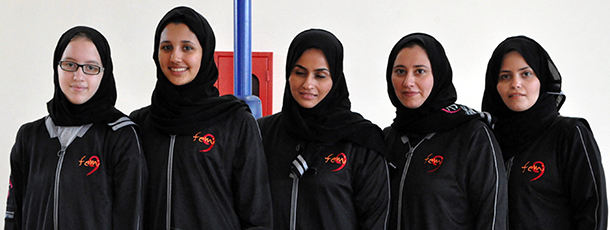 Members of the first female Saudi basketball team "Jeddah United" pose for a team picture in the Red Sea port city of Jeddah on March 25, 2102. Saudi Arabia, where sports events for women are banned, is considering sending a female athlete for the first time ever to the Olympics this year, following criticism from abroad. AFP PHOTO/STR (Photo credit should read -/AFP/Getty Images)