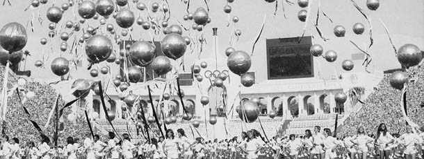 Members of a precision drill team that, spelled out "Welcome" across the field at the Los Angeles Memorial Coliseum, release balloons they had been carrying during the opening ceremonies of the 1984 Summer Olympics, July 28, 1984. (AP Photo)