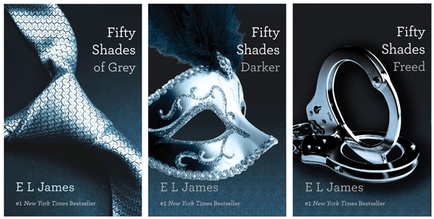 FILE- This file combo made of book cover images provided by Vintage Books shows the "Fifty Shades of Grey" trilogy by best-selling author E L James. (AP Photo/Vintage Books, File)