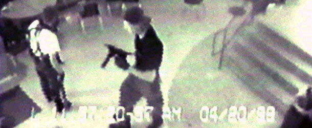 FILE -- In an April 20, 1999 file photo Eric Harris, left, and Dylan Klebold, carrying a TEC-9 semi-automatic pistol, areseen in a photo made from a security camera image in the cafeteria at Columbine High School, in Littleton, Colo., during their shooting rampage where they killed a teacher and 12 students. Both gunmen killed themselves later in the school library. This still image is from a videotape released by the Jefferson County Sheriff's Department. (AP Photo/Jefferson County Sheriff's Department/file)