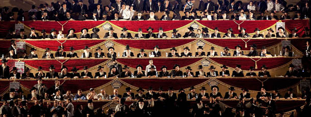 JERUSALEM, ISRAEL - JULY 30: (ISRAEL OUT) Rabbis gather on a stage as tens of thousands of Ultra Orthodox Jews attend Siyum HaShas, a celebration marking completion of a seven-and a half year daily study-cycle of the entire Babylonian Talmud at Teddy Stadium on July 30, 2012 in Jerusalem, Israel. Each of the 2711 pages of the Talmud is studied in sequence, one day at a time. (Photo by Uriel Sinai/Getty Images)