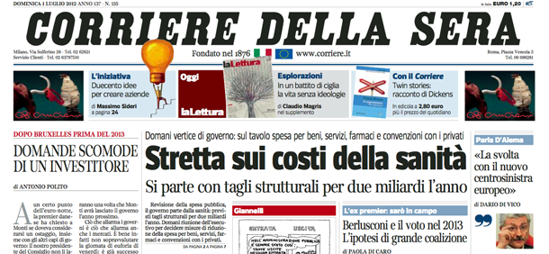 Le prime pagine di domenica 1 luglio 2012