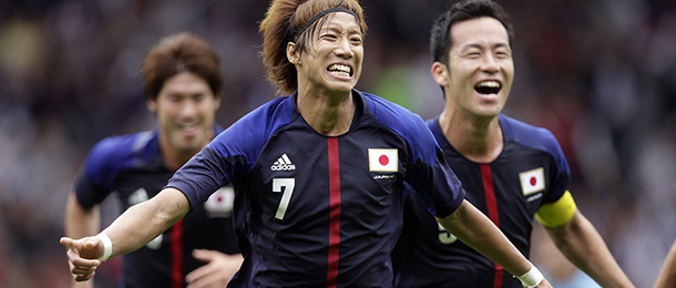 Japan's Yuki Otsu celebrates scoring a goal during the Men's Olympic football match Japan vs Spain on July 26, 2012 at Hampden Park in Glasgow, Scotland, . AFP PHOTO/GRAHAM STUART (Photo credit should read GRAHAM STUART/AFP/GettyImages)