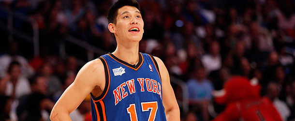 ORLANDO, FL - FEBRUARY 24: Jeremy Lin #17 of the New York Knicks and Team Shaq looks on during the BBVA Rising Stars Challenge part of the 2012 NBA All-Star Weekend at Amway Center on February 24, 2012 in Orlando, Florida. NOTE TO USER: User expressly acknowledges and agrees that, by downloading and or using this photograph, User is consenting to the terms and conditions of the Getty Images License Agreement. (Photo by Mike Ehrmann/Getty Images) *** Local Caption *** Jeremy Lin