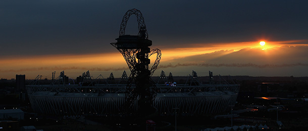 LONDON, ENGLAND - JULY 27: Sunset over the Olympic Stadium during the Opening Ceremony of the London 2012 Olympic Games near Olympic Park on July 27, 2012 in London, England. (Photo by Clive Brunskill/Getty Images)
