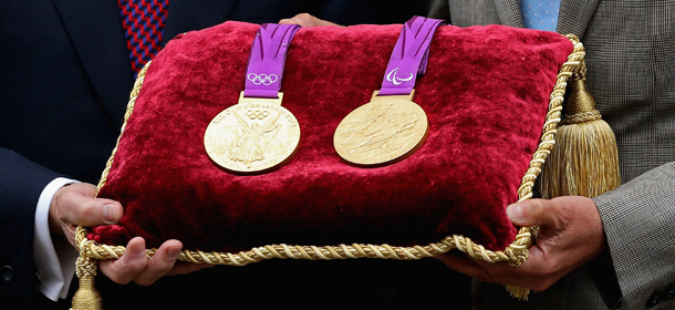 LONDON, ENGLAND - JULY 02: A close-uop of the medals as official metal supplier for the Olympic Games Rio Tinto hands over Olympic and Paralympic medals to LOCOG for secure storage in the vaults at the Tower of London on July 2, 2012 in London, England. (Photo by Andrew Redington/Getty Images)