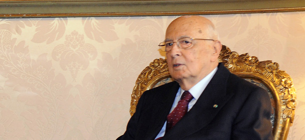 Italy's President Giorgio Napolitano (R) and France's President Francois Hollande take place for their meeting on June 14, 2012 at the Quirinale, the Italian presidential palace in Rome. The new French President Francois Hollande travels to Rome for talks ahead of a key four-way summit, as Italy struggles to shake off rumours it may be heading for a bailout. AFP PHOTO / BERTRAND GUAY (Photo credit should read BERTRAND GUAY/AFP/GettyImages)