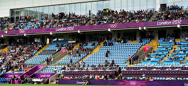 Photo taken on July 29, 2012 shows empty seats in the main stand during the London 2012 Olympic men's football match between Gabon and Mexico at The City of Coventry Stadium in Coventry, central England. AFP PHOTO/PAUL ELLIS (Photo credit should read PAUL ELLIS/AFP/GettyImages)