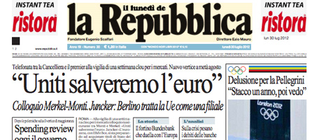 Le prime pagine di lunedì 30 luglio 2012