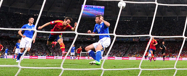 Spanish midfielder David Silva heads the ball to score during the Euro 2012 football championships final match Spain vs Italy on July 1, 2012 at the Olympic Stadium in Kiev. AFP PHOTO / GIUSEPPE CACACE (Photo credit should read GIUSEPPE CACACE/AFP/GettyImages)