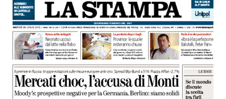 Le prime pagine di martedì 24 luglio 2012