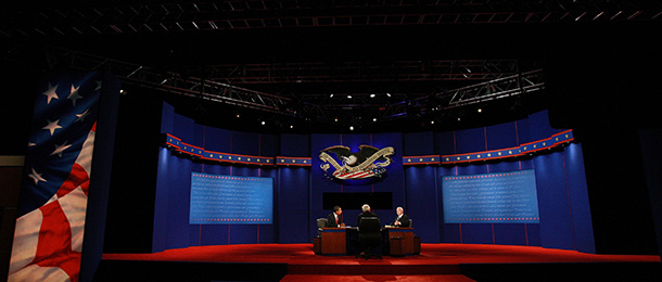 HEMPSTEAD, NY - OCTOBER 15: Democratic presidential nominee U.S. Sen. Barack Obama (D-IL) (L) and Republican presidential nominee U.S. Sen. John McCain (R-AZ) (R) participate in the third presidential debate in the David S. Mack Sports and Exhibition Complex at Hofstra University October 15, 2008 in Hempstead, New York. This is the final debate before voters will go to the polls in the 2008 general election on November 4. (Photo by Spencer Platt/Getty Images)