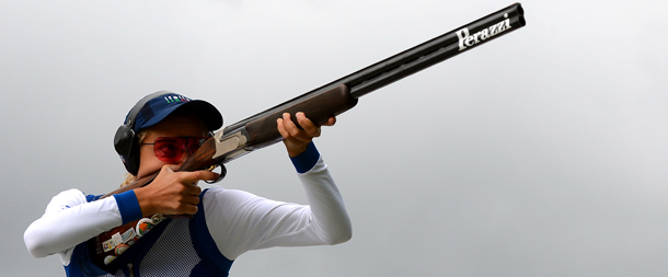 LONDON, ENGLAND - AUGUST 04: Jessica Rossi of Italy competes during the Women's Trap Shooting Qualification on Day 8 of the London 2012 Olympic Game at the Royal Artillery Barracks on August 4, 2012 in London, England. (Photo by Lars Baron/Getty Images)