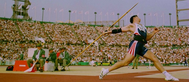 3 Aug 1996: Steve Backley of Great Britain throws his first toss of the day during the men's javelin finals in the 1996 Centennial Olympic games at Olympic Stadium in Atlanta, Georgia.