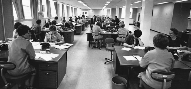 1966: People working in an open-plan office. (Photo by Harry Dempster/Express/Getty Images)