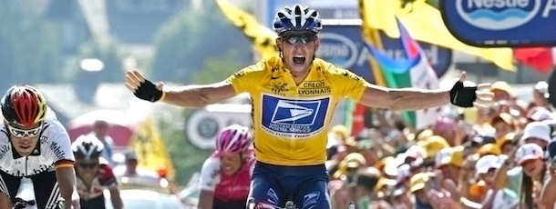 FILE - In this July 22, 2004, file photo, overall leader Lance Armstrong reacts as he crosses the finish line to win the 17th stage of the Tour de France cycling race between Bourd-d'Oisans and Le Grand Bornand, French Alps. Federal prosecutors said, Friday, Feb. 3, 2012, they are closing a criminal investigation of Armstrong and will not charge him over allegations the seven-time Tour de France winner used performance-enhancing drugs. (AP Photo/Laurent Rebours, File)