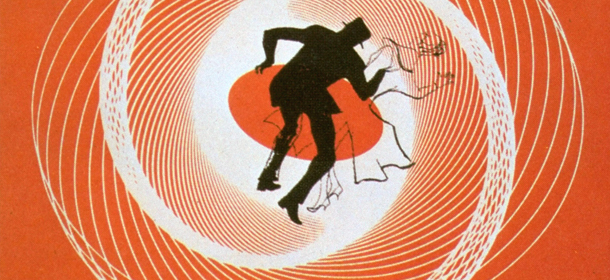Poster art by Saul Bass for Alfred Hitchcock's 1958 mystery thriller "Vertigo," starring Jimmy Stewart and Kim Novak. (AP Photo/Paramount)