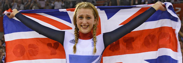 Britain's Laura Trott celebrates after winning the London 2012 Olympic Games women's omnium 500m time trial cycling event at the Velodrome in the Olympic Park in East London on August 7, 2012. AFP PHOTO /LEON NEAL (Photo credit should read LEON NEAL/AFP/GettyImages)
