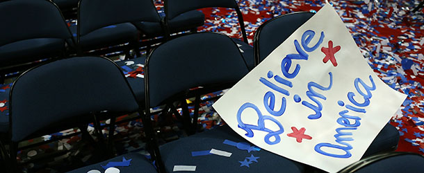 TAMPA, FL - AUGUST 30: A sign sits on a seat after Republican presidential candidate, former Massachusetts Gov. Mitt Romney accepted the nomination during the final day of the Republican National Convention at the Tampa Bay Times Forum on August 30, 2012 in Tampa, Florida. Former Massachusetts Gov. Mitt Romney was nominated as the Republican presidential candidate during the RNC which will conclude today. (Photo by Spencer Platt/Getty Images)