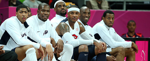 LONDON, ENGLAND - AUGUST 02: Members of The United States team watch play from the bench in the second half against Nigeria during the Men's Basketball Preliminary Round match on Day 6 of the London 2012 Olympic Games at Basketball Arena on August 2, 2012 in London, England. (Photo by Christian Petersen/Getty Images)