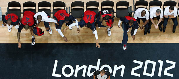 LONDON, ENGLAND - AUGUST 06: The United States reacts against Argentina during the Men's Basketball Preliminary Round match on Day 10 of the London 2012 Olympic Games at the Basketball Arena on August 6, 2012 in London, England. (Photo by Rob Carr/Getty Images)