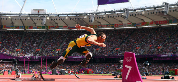 LONDON, ENGLAND - AUGUST 04: Oscar Pistorius of South Africa competes in the Men's 400m Round 1 Heats on Day 8 of the London 2012 Olympic Games at Olympic Stadium on August 4, 2012 in London, England. (Photo by Michael Steele/Getty Images)