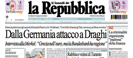 Le prime pagine di lunedì 27 agosto 2012