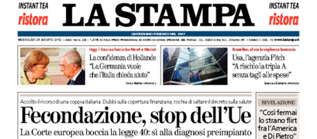 Le prime pagine di mercoledì 29 agosto 2012
