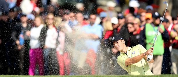 MEDINAH, IL &#8211; SEPTEMBER 28: Martin Kaymer of Europe plays a bunker shot on the third hole during the Afternoon Four-Ball Matches for The 39th Ryder Cup at Medinah Country Club on September 28, 2012 in Medinah, Illinois. (Photo by Andy Lyons/Getty Images)
